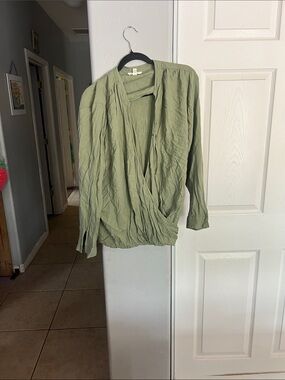 Terra & Sky Olive Green Draped Wrap Blouse